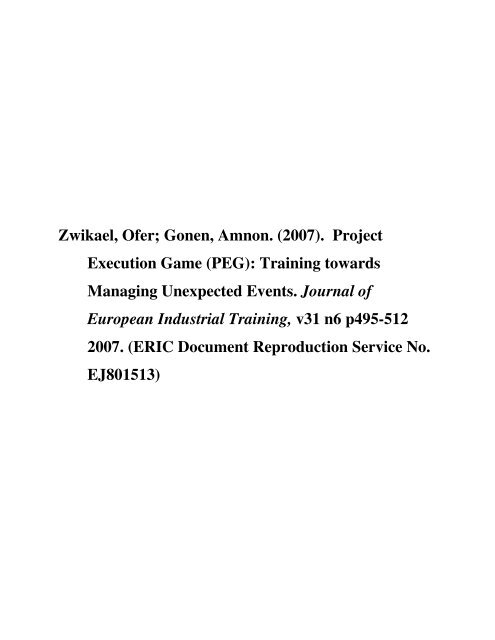 Zwikael, Ofer; Gonen, Amnon. (2007). Project Execution Game (PEG ...