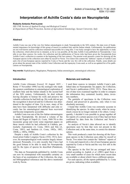 Interpretation of Achille Costa's data on Neuropterida - Bulletin of ...