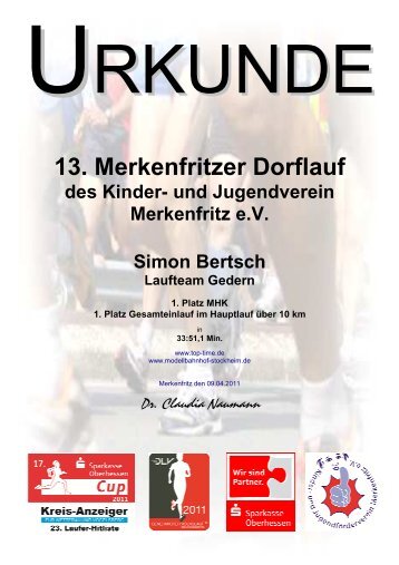 Urkunde 10 km - Oberhessen Cup