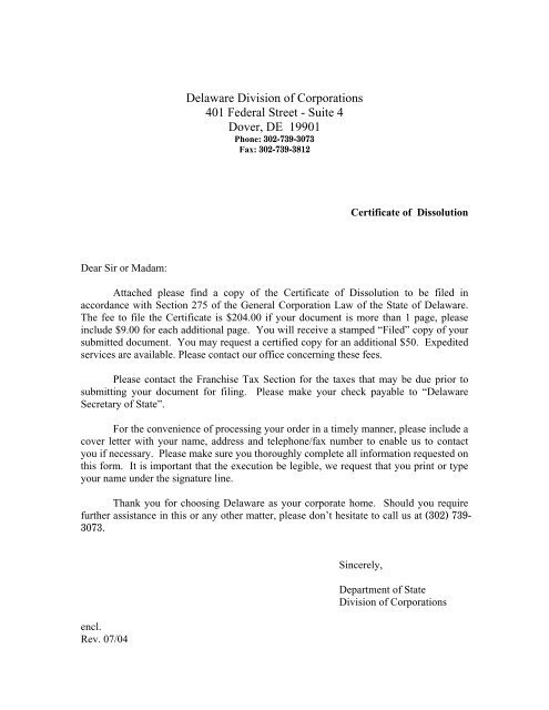 delaware secretary of state cover letter