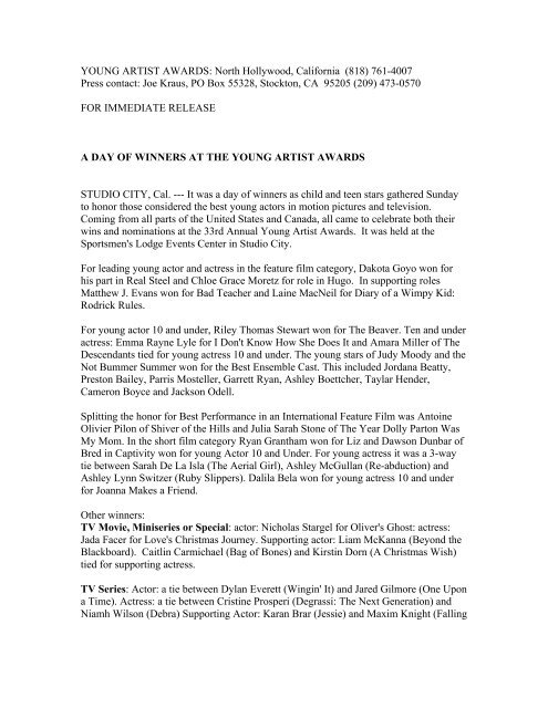 Yaa Press Release Number 6 2012 Young Artists Awards