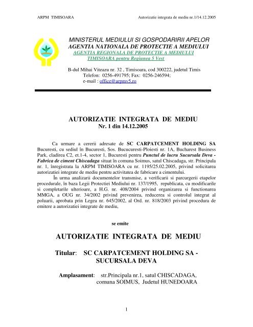 Autorizatie Integrata de Mediu Nr 1/14.12.2005 - ARPM Timisoara