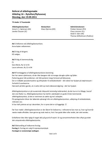 Referat af afdelingsmøde Afdeling 16 – Rytoften/Ryhavevej Mandag ...