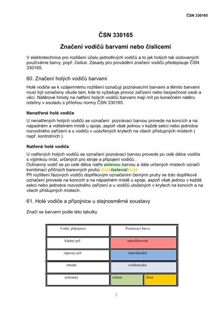 ČSN 33 0165 - Značení vodičů barvami nebo číslicemi