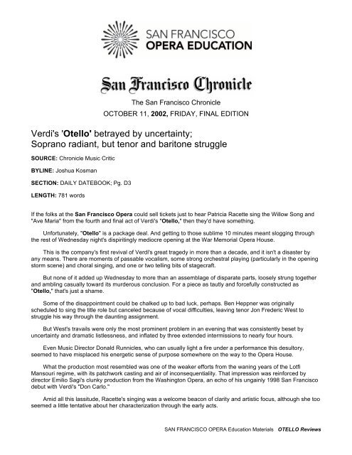 Otello SF Chronicle 10-11-02 - San Francisco Opera