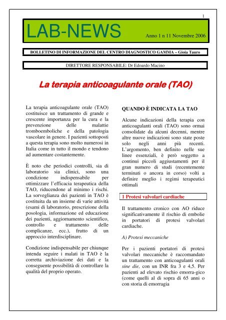 La terapia anticoagulante orale (TAO) - Centro Diagnostico Gamma