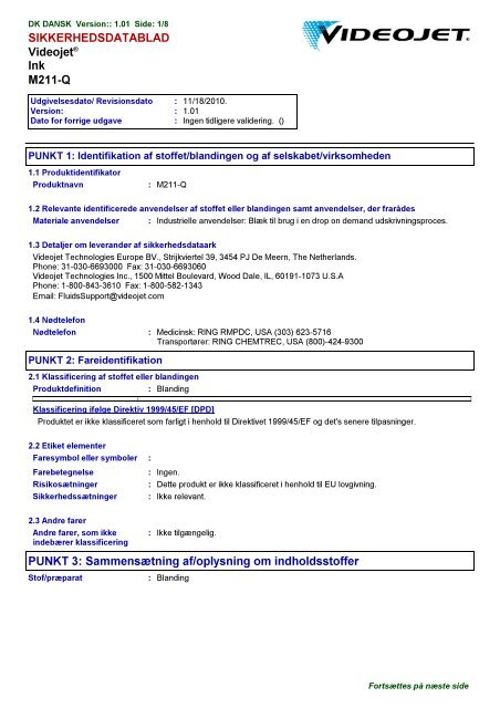 SIKKERHEDSDATABLAD Videojet® Ink M211-Q PUNKT 3 ...