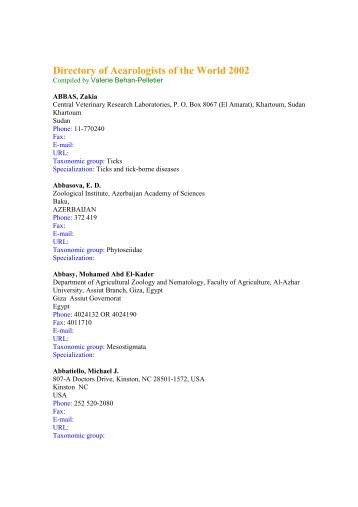 Directory of Acarologists of the World 2002 - Natural History Museum