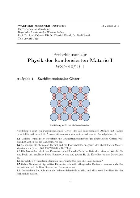 Probeklausur Zur Physik Der Kondensierten Materie I Ws 2010 2011