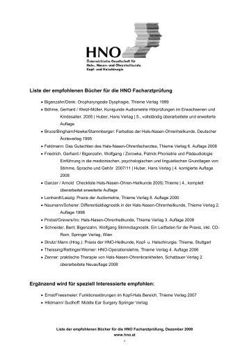Liste der empfohlenen Bücher für die HNO Facharztprüfung