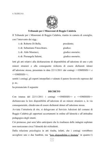 Tribunale per i Minorenni di Reggio Calabria Il Tribunale per i ...