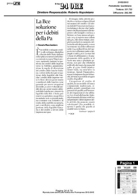 Rassegna stampa del 21-02-13 - Unindustria Reggio Emilia