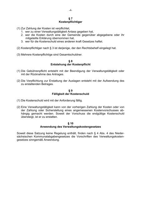 Verwaltungskostensatzung - Gemeinde Visbek