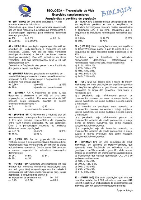 Lista De Exercicios Genetica De Populacoes E Aneuploidias