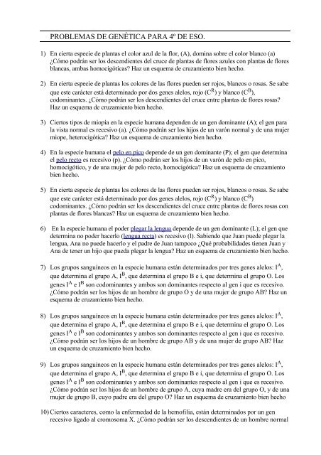 PROBLEMAS DE GENÉTICA PARA 4º DE ESO. - Telefonica.net