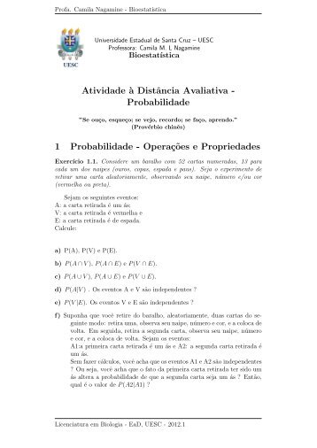 Atividade `a Distância Avaliativa - Probabilidade 1 ... - EAD - Uesc
