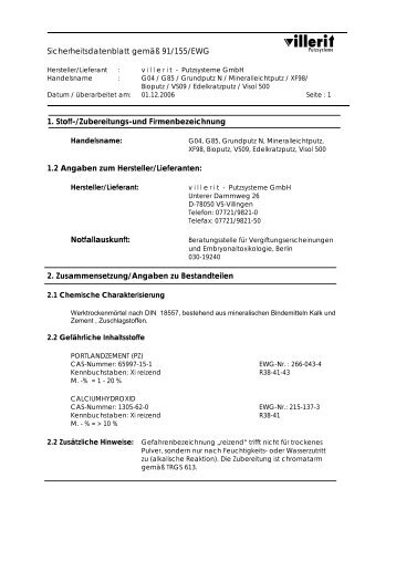 Sicherheits-Datenblatt - Villerit