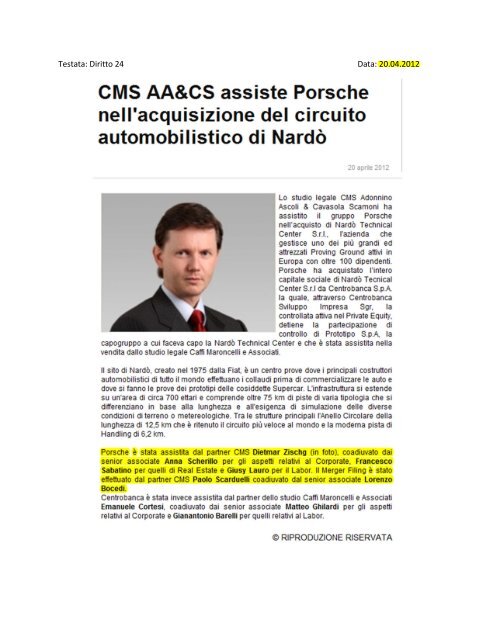 CMS AA&CS assiste Porsche nell'acquisizione del circuito ...