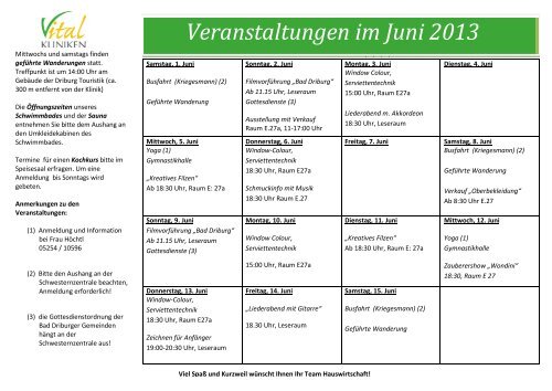 Veranstaltungen im Juni 2013 - in den Vital-Kliniken