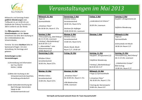 Veranstaltungen im Mai 2013 - in den Vital-Kliniken