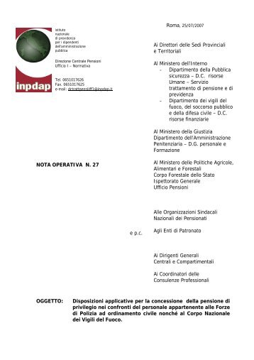 nota operativa inpdap nr. 27 del 25 luglio 2007 - Ministero Dell'Interno
