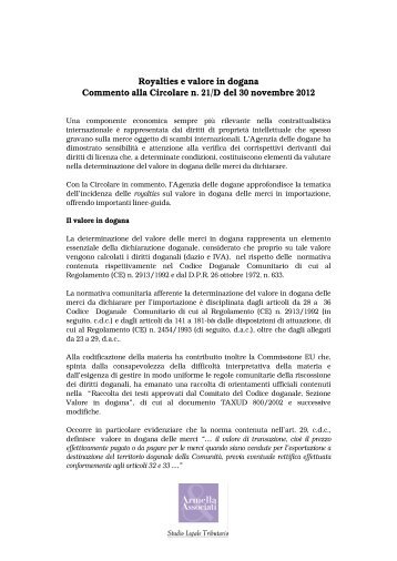 Royalties e valore in dogana - Studio Legale Tributario Armella ...
