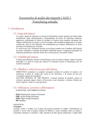 Documento di analisi dei requisiti ( RAD ) “Franchising virtuale”