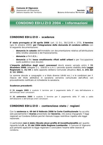 CONDONO EDILIZIO 2004 – Informazioni - Comune di Vigevano