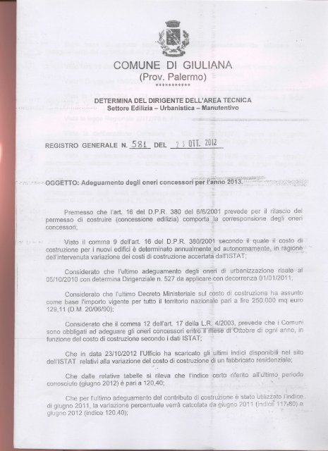Adeguamento degli oneri concessori per l'anno 2013 - Comune di ...