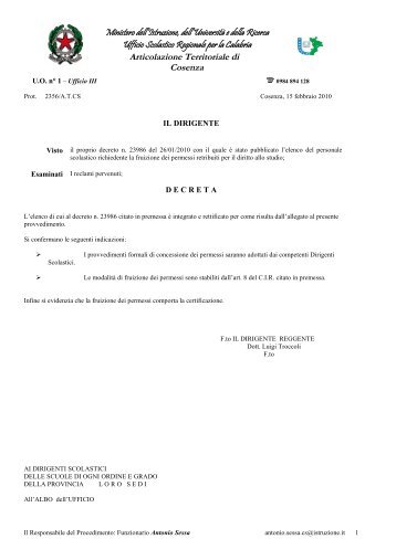 Scarica Decreto - Centro servizi amministrativi di Cosenza