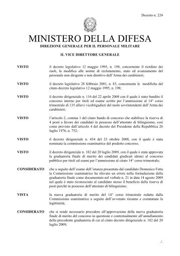 Decreto Ministro della Difesa - Arma dei Carabinieri