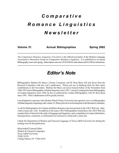 C omparative R omance L inguistics N ewsletter Editor's Note