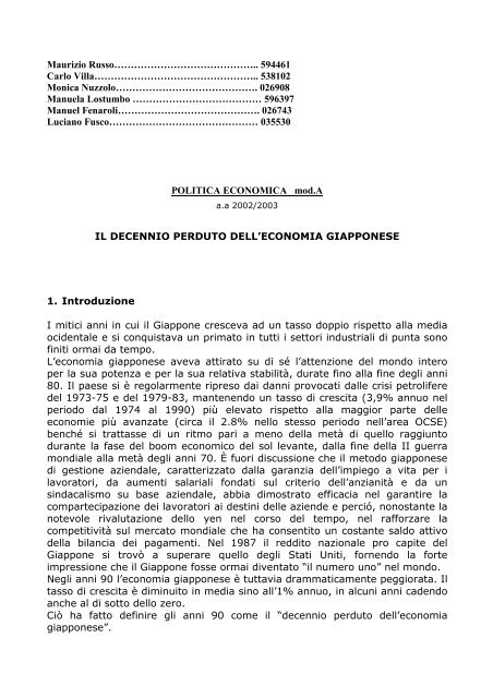 Il decennio perduto dell'economia giapponese - Dipartimento di ...