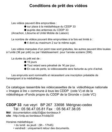 Conditions de prêt des vidéos - CRDP Aquitaine