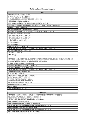Padrón de Beneficiarios del Programa IDEA ECOLIMPIO ... - Conacyt