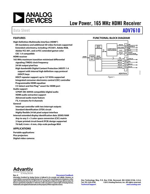 Low Power, 165 MHz HDMI Receiver ADV7610 - Analog Devices