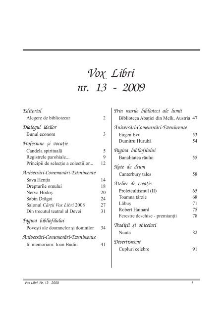 Vox Libri nr. 13 - 2009 - Biblioteca digitalā - scriitori hunedoreni