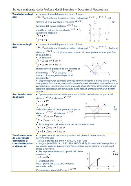 Traslazioni - Rotazioni - Rototraslazione degli assi cartesiani