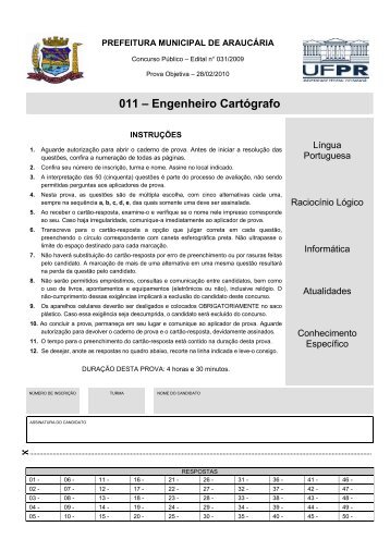 011 – Engenheiro Cartógrafo - NC- UFPR