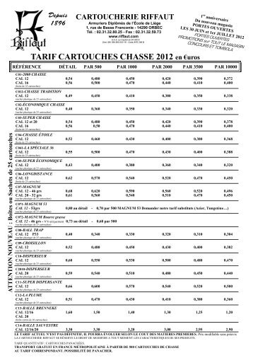 TARIF CARTOUCHES CHASSE 2012 en €uros - Riffaut