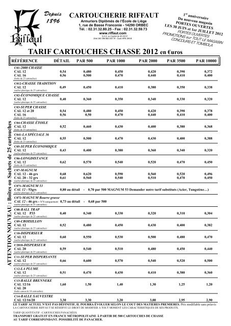 TARIF CARTOUCHES CHASSE 2012 en €uros - Riffaut