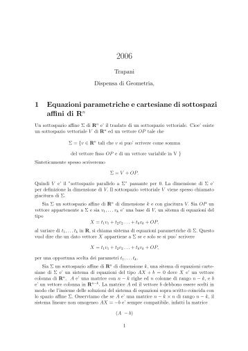 1 Equazioni parametriche e cartesiane di sottospazi affini di Rn