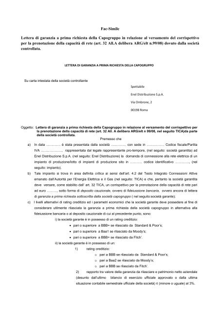 Fac-Simile Lettera di garanzia a prima richiesta della Capogruppo in ...