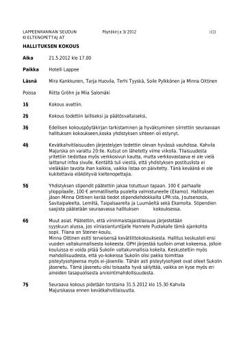 Hallituksen kokous 21.05.2012 pöytäkirja - Lappeenrannan seudun ...