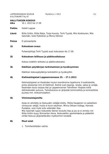 Hallituksen kokous 16.01.2012 pöytäkirja - Lappeenrannan seudun ...