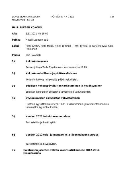 Hallituksen kokous 02.11.2011 pöytäkirja - Lappeenrannan seudun ...