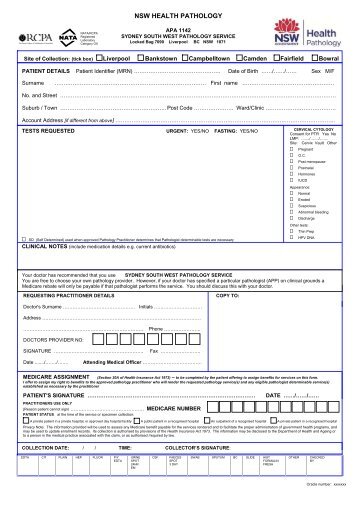 Pathology Request Form - SWSLHD - Sydney South West Area ...