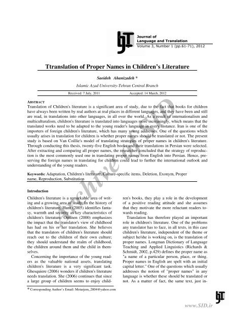 Translation Of Proper Names In Children S Literature Translation Of Proper Names In Children S Literature