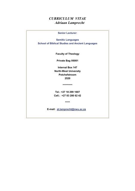 CURRICULUM VITAE Adriaan Lamprecht - Potchefstroom University