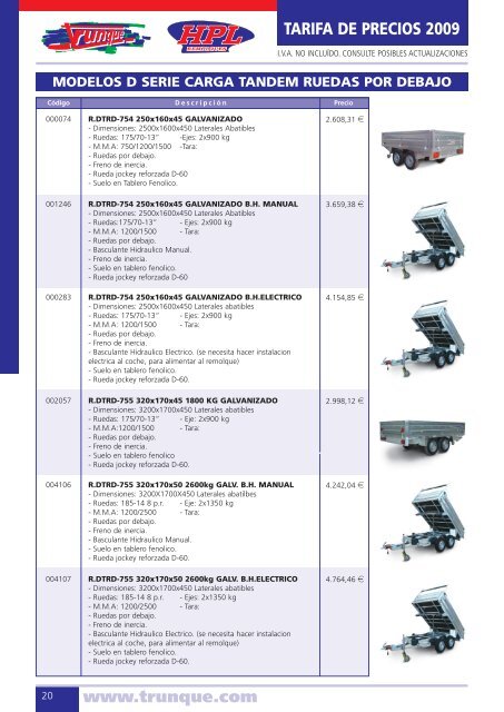 Tarifa de precios Trunque